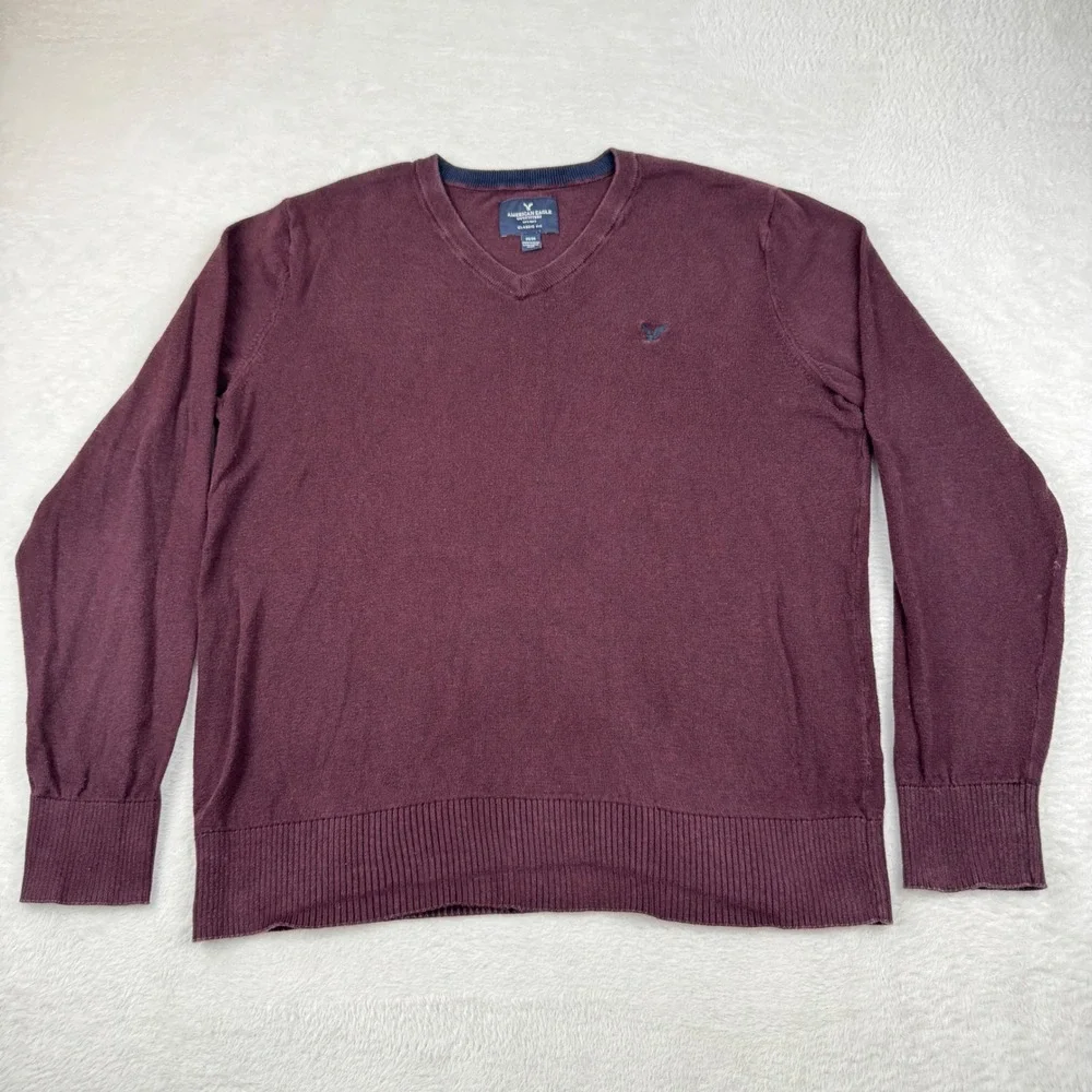 American Eagle V-Neck Sweater Mens Medium Burgundy Classic Fit Cotton Pullover